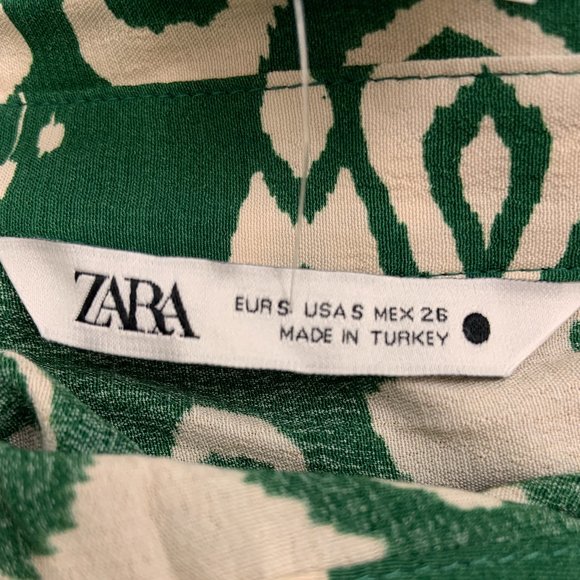 Zara Belted Printed Green Short Sleeves Button Front Midi Shirt Dress Size S - Picture 9 of 10